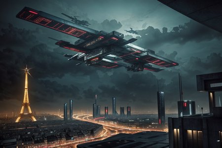 Dystopian futuristic Paris, flying cars, blade runner style, photorealistic, great shot, detailed, intricate details, year 2300, cyberpunck