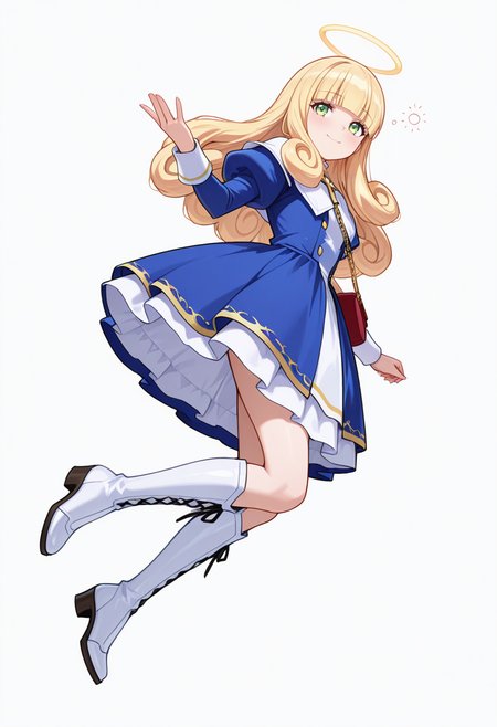 Smooth Quality,masterpiece,very intricate, high quality details, ultra realistic, high detailed skin,detailed enviorement,absurdres,
open hand,
 <lora:Poporon_CNR:0.8> poporon_cnr, 1girl, blonde hair, long hair,blunt bangs, green eyes, poporon_cnr_def, blue dress, long sleeves, puffy sleeves,cross,handbag, knee boots, halo,curly hair,, drunk,, simple background, white background, sideways,solo,