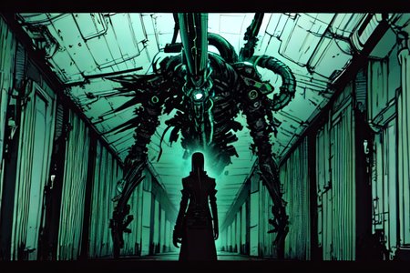 highly insanely detailed, masterpiece, top quality, best quality, highres, 4k, 8k, RAW photo, (very aesthetic, beautiful and aesthetic),  
tsutomu nihei,nihei_tsutomu,blame!,blame gakuen!,abara,TNstyle,sidonia_no_kishi,(mausoleum,tunnel,deep horizon),walkway,tentacles,ventilation fan,ventilation shaft,lantern,gauna,gauna mech,letterboxed,dome,buildings, 
<lora:blameLora_v10:1>, 
(1girl:1.3), 
solo focus, 
(pure green background,transparent background:1.2),âââ