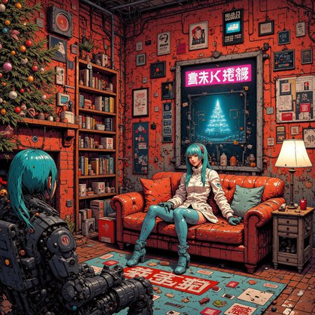 nistyle, hatsune miku as a cyberpunk cyborg girl ,  in a mechanical Christmas living room,  anime style, looking at viewer,
<lora:flux.1_lora_flyway_Epic-detail_v2:0.5>
<lora:CPA:0.7>
<lora:test2:0.7> , <lora:christmas living room-flux-lora:0.5>
