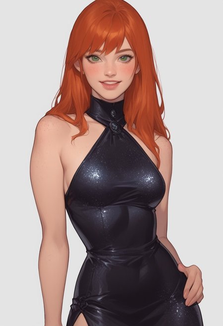 masterpiece,best quality, highly detailed, score_9, score_8_up, score_7_up, score_6_up, , source_cartoon, BREAK, , 1girl, , Mary Jane, Marvel, green eyes, orange hair, freckles, 1girl, , blush, , , looking at viewer, short dress, mini black dress, glitter on black dress, sparkling dress, bare shoulders, From front, one hand on hip, smile, looking at viewer, full figure, simple background, smile, good hands,