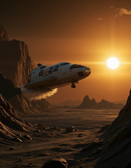 sunrise as seen from the moon where an enormous mining colony is hard at work burrowing into the rock. A large transport spacecraft is taking off, it is emblazoned with a large logo for "Buzz Mining Corp"