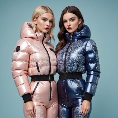 two nordic short women wearing aArt deco prints   latex downsuit puffer_downsuit , hyperdetailed photography,4k textures,intricate details,4k resolution,  <lora:puffer_downsuit_v1:0.5>