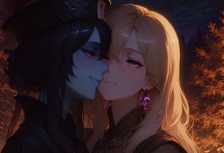 score_9, score_8_up, score_7_up, ultra details, high details, absurdres, masterpiece, best quality, 2k, 4k, source_anime, rating_explicit, scenery, very aesthetic, fantasy, autumn scenery, night, 2girls standing face-to-face, outdoors by night, dramatic dark atmosphere, cowboy shot, close-up, high detailed eyes, ultra detailed eyes, BREAK,
32km4g1c style,<lora:32k_UHD_Aesthetic:0.65>, gr4ph1t3, sketch, <lora:GraphiteSketch:0.75>, <lora:WaifuEyesIllustriousV1.0:1>, <lora:DarkerThanBlackIllustrious:0.85>, <lora:illustrious_quality_modifiers_masterpieces_v1:1>, <lora:MGE_V5.2_IL:1>, BREAK,
Jiangshi, deep_red_eyes, black_hair, colored_skin, pale_blue_skin, talisman_over_face, black_fantasy_outfit, smug, smirk, hands_on_another's, BREAK,
1girl, dark_purple_eyes, (medium_hair), blonde_hair, diamond_earrings, brown_medieval_outfit, sexual, afterglow, hand_on_another's,