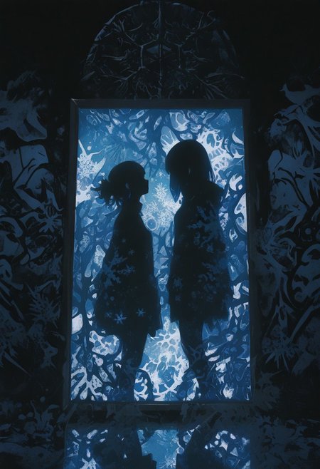 1 girl , abstract , abstract background , absurd , graffiti , Snowflakes effect , mirror , perfect reflection , silhouette , tear , opposite refection , 
masterpiece, best quality ,amazing quality , h4rdcry1ng_illu ,xxx667_illu , usnr ,