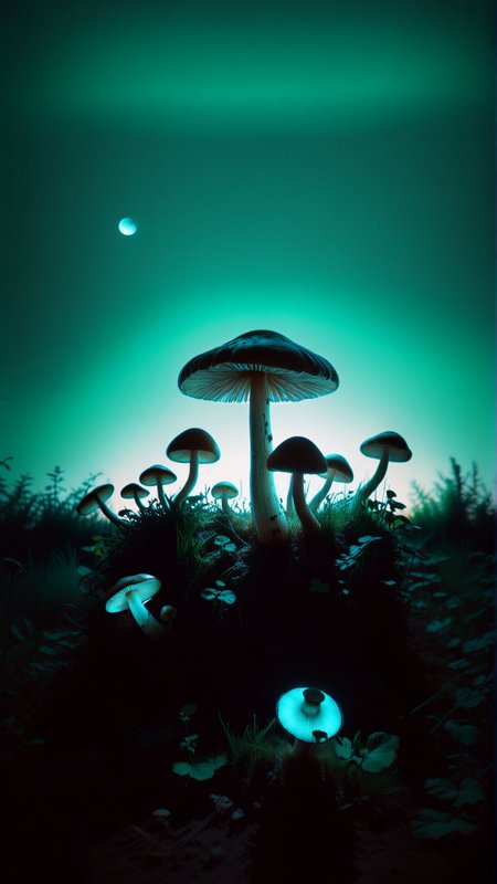 A colony of sentient mushrooms forms a parliament and debates the merits of sunlight versus moonlight for their photosynthesis. 
(dark shot:1.2)
(optical effect, glitch art, glowing, layered effects:1.2)
 <lora:xray:2>