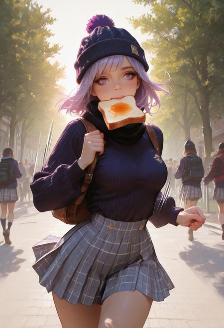 score_9, score_8_up, score_7_up, score_6_up, score_5_up, score_4_up, Cinematic Lighting, Volumetric Lighting, Bloom, Post Processing, Perfest Anatomy, Extermy Ely Detailed Eyes and Face, Perfect Eyes. 8K,
1girl, Solo,
meek purple hair spilled , Bright purple eyes, cute face,
slim figure, narrow waist, wide hips, (high breasts),medium breasts, perfect round butt
-- clothes -- (Black winter hat with pompom), School uniform, dark long-sleeved sweater, short skirt.shoulderpack,
BREAK
girl running through the streets, looking away,oaction pose, run,toast in mouth, running,motion lines, motion blur,
City streets, bright day. ice, rays of the sun,Many people, trees and poles in the background. rays of sun,
(Close-up)((focus on the torso))side view,
(realistic style photo)(realistic:1.2) dynamic lighting, warm lighting, dreamy lighting, realistic volumetric lighting
<lora:DandonFuga_Style_v.2_-_Pony:0.65>