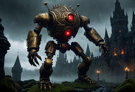 giant bipedal robot brass and dark ivory and red striped paint, bronze paisley robot. lacy robot metal. spiked helmet head. outside of a steampunk keep. large detailed torso. dark image. one forty foot tall ancient robot with great arms and two heavy spring legs. dark foggy night background. $dark foggy night image only. dark photo realistic image. steampunk details. cogs, chains and pipes incorporated in the fantasy buildings. magic wizards tower in background. Dark swamp, moss, castle ruins, wizards tower. stormy dark night.  stormy sky.  rain