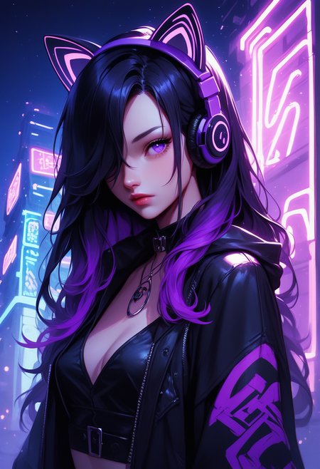 score_9, score_8_up, score_7_up, score_6_up,  1girl, solo, black hair, purple hair,multi color hair,long hair, fake cat ears, headphones, wild hair,outside,night city, neon lights, black clothing, open clothes, closed mouth, purple clothing,hair over one eye, purple eyes, <lora:add-detail-xl:0.4> , <lora:[GP] somethingweird [Pony XL]:0.2>, <lora:g0th1cPXL:0.3>, <lora:Goth_girl_XL-v2:0.8> ,<lora:st4t1ctvXLP:0.8>