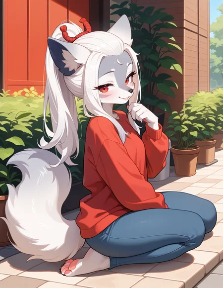 masterpiece, best quality, very aesthetic, absurdres,
outdoors, casual, 
full body, posing, 
seductive smile, parted lips, long eyelashes,
<lora:Hakuro_v01_NAIXL:1>
H4kur0,1girl,solo,furry,furry female,wolf girl,white hair,long sidelocks,bangs pinned back,ponytail,red eyes,snout,animal nose,body fur,two-tone fur,grey fur,white fur,wolf tail,