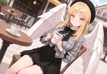 highres, best quality, sitting on chair, table, outdoor cafe, holding coffee mug, 
1girl, KRAselica, amazing quality,  wings, large angel wings, blonde hair, large breasts, black skirt, plaid jacket, long sleeves, hat, bow, very aesthetic, absurdres, newest, dynamic pose, dynamic angle, looking at viewer, blush, smile
