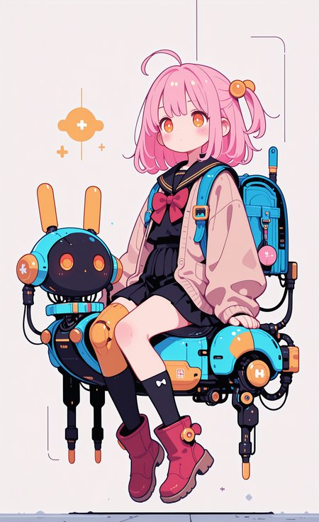 masterpiece,best quality,amazing quality, 1girl, solo, blush, shirt, skirt, long sleeves, thighhighs, bow, sitting, jacket, school uniform, full body, yellow eyes, pink hair, ahoge, pleated skirt, boots, open clothes, socks, serafuku, medium hair, bowtie, black skirt, sailor collar, bag, red bow, black shirt, orange eyes, kneehighs, light brown hair, cardigan, backpack, robot, red footwear, red bowtie, single thighhigh, floating, black sailor collar, asymmetrical legwear, riding, uneven legwear, randoseru, single sock, single kneehigh, dot mouth, blue bag, haiz_ai, in the style of cknc,
Flatline, Flat vector illustration <lora:ponyv6_noobE11_2_adamW-000017:0.3> <lora:checkpoint-e18_s306:1.5> <lora:ck-nc-cyberpunk-IL-000011:0.6> <lora:haiz_ai_illu:0.7>