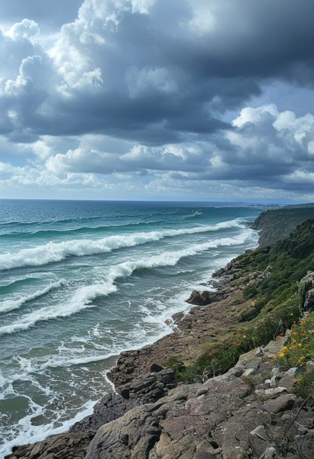 a vibrant colorful photo of a British coast landscape. Big cliffs, seashore, sea, wide sea, big waves, stormy weather, rough cold weather, dark clouds
 outdoors, Location , Scenery ,