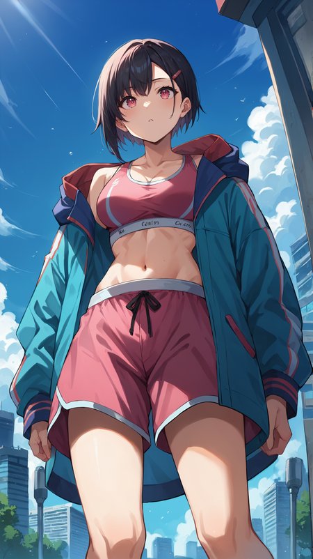 score_9,score_8_up,score_7_up,score_6_up, source_anime, zPDXL, <lora:xl_more_art-full_v1:0.5>, girl, dynamic pose,  <lora:Mikazuki Shizuka - Pony-000003:0.7>, short hair, black hair, pink eyes, pink sports bra, pink shorts, colorful blue jacket, oversized jacket, hairclip, bangs, modern city, skyscraper, looking up, from from below,