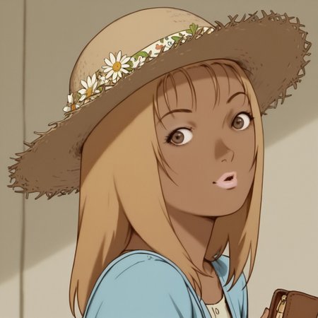 gygirl, 1girl, solo, short blonde hair, bangs, pink lips, brown eyes, tanned skin,
gygirl in a light blue dress decorated with flowers, a straw hat. gygirl smiling as she holds a wallet as she walks