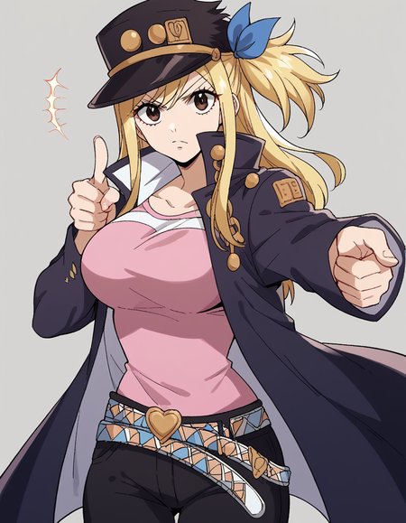 score_9, score_8_up, score_7_up, source_anime, lucyheartfilia, <lora:lucy-heartfilia-s7-ponyxl-lora-nochekaiser:1>, lucy heartfilia, blonde hair, brown eyes, long hair, one side up, ribbon, hair ribbon, blue ribbon, large breasts,, <lora:kujo-jotaro-cosplay-ponyxl-lora-nochekaiser:1>, kujo jotaro cosplay, kujo jotaro (cosplay), gakuran, cosplay, belt, black headwear, black jacket, black pants, high collar, multiple belts, pants, shirt,, street, jojo pose, pointing, hand in pocket, cowboy shot, looking at viewer,