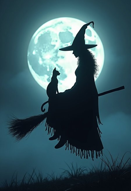 Masterpiece. Illustration of a silluette of witch and her cat sitting on a broomstick in front of a full moon. The witch is wearing a pointed hat and a long cloak. The cat is sitting on the broomstick behind the witch. The background is dark, with a hint of blue and white, and the moon is partially visible behind a fog. The overall mood of the image is eerie and mysterious. high-res, semi realistic, best quality, intricate details, ultra details, good lighting, vibrant colors, very detailed, octane render, ray tracing, mythp0rt