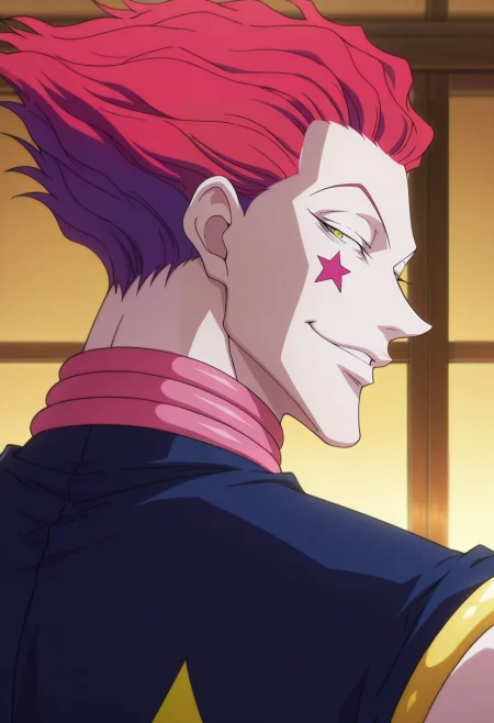masterpiece, best quality, intricate details, anime screencap, anime coloring, official style, , 1boy, solo, male focus, <lora:hisoka_morow_ilxl:0.94>, hisoka_morow, red hair, yellow eyes, facial mark, star \(symbol\), focused, skytree, indoors, looking back, half-closed eyes, smile,