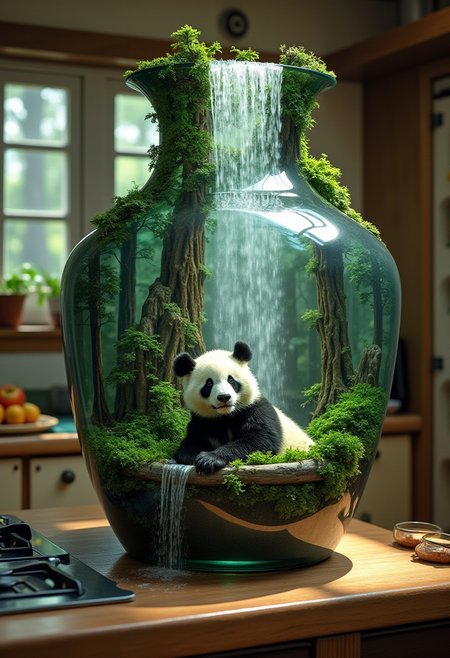 an amphora, placed on a kitchen shelf. a waterfall flows from the glass amphora; in the amphora, a green world, with majestic trees. the waterfall overflows into the real world and into the kitchen. a panda bathes under the waterfall, surrealism,