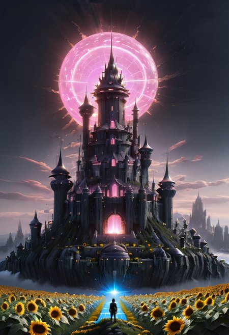 castle,
A traveler looking at a gigantic castle made of dozens of towers, medical, white, grass,matchcraft floating island , floating island, towers , sky , fly , cloud, solar punk,solarpunk ,solar panels, (sunflowers), rainbow ,castle, matchcraft floating island, ral-phtvoltc, dark, chiaroscuro, low-key, Dark Fantasy page,pink sun, pink light, pink lighting