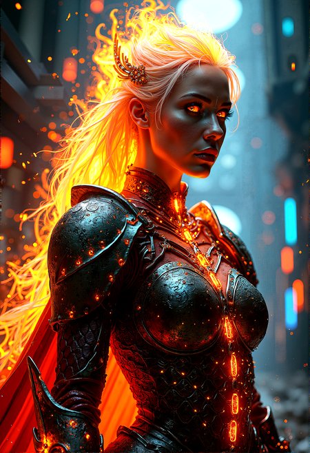 photorealistic image of a warrior queen with fire-infused scale armor, fiery cape, her hair blazing like a crown, in a digital fortress with intricate circuit patterns and neon lights, combining elements of fantasy and futuristic technology, glowing circuitry and fire reflections, ultra-detailed textures, dramatic lighting, next-gen graphics, high-definition, complex composition, cinematic




cinematic scene, cinematic lighting, intricate detail skin and facial texture, lifelike expression, accurate character design, dynamic pose, interesting and complex background details, 



 














