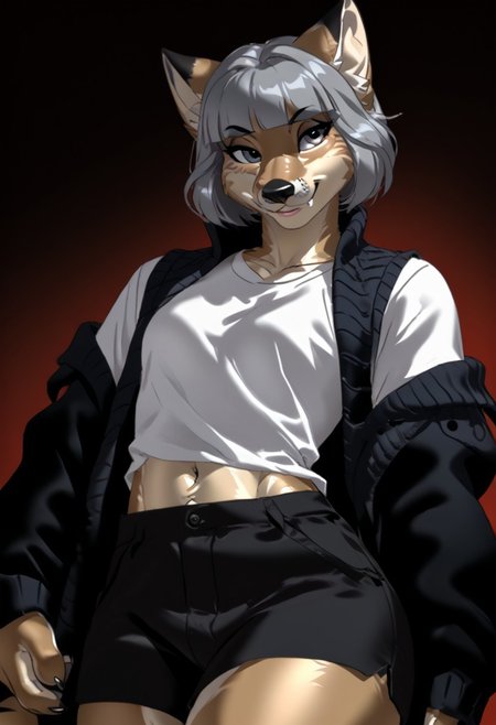 score_9, score_8_up, score_7_up, (by zummeng:1.5), (by jailbird:1.5), (by kittydee:1.5), masterpiece, best quality, (solo), 
(Furry Art : Anthro : corsac fox:1.5), 1girl, expressive eyes, feminine eyes, perfect face, feminine face, (silver hair), (bob cut hair:1.3), (blunt bangs:1.5), (hair buns), feminine body, medium breasts, vulpes, canine, pale markings on the mouth, (multicolored fur), (grey fur), (light brown fur), (flat belly:1.3), (wide hips:1.4), (slim waist:1.2), (thick thighs:1.4), (shirt with vest:1.5), (cargo shorts), (grey eyes),
