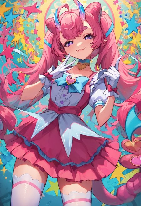 score_9, score_8_up, score_7_up, pastel colors, colorful, masterpiece, perfect face, post processing, slender thighs, skinny, 
circus bedroom background, daytime, looking at viewer, 
Cute pose, dancing, 
smug face, (pastel colors), 
(chibidokidef, light pink hair, bow, thick eyebrows, horns, gloves, tail, pink skirt, white thighhighs, choker, light purple eyes),
1 girl, solo, Expressiveh, AissistV2, concept art, realistic