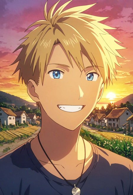 high resolution, professional photography, best quality, 1Boy, Yamato Ishida, blond hair, deep blue eyes, necklace, potrait, laughing, very happy, half body, village, sunset, looking at viewer,, OverallDetail