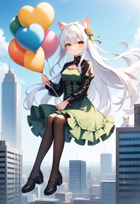 (masterpiece), (score_9, score_8_up, score_7_up,source_anime), best quality, ultra-detailed,24K, illustration, (Uncorrected), CG, 
Latex, girl and cat, holding umbrella,
Multiple balloons, huge balloon, (heart-shaped ballons:1.2). 
(Girl sitting on balloons, floating, white hair, ultra-long hair, amber eyes, ultra-detailed eyes:1.2), green dress, jacket, pantyhose, leather shoes, 
in Rooftop of Skyscraper, modern city, Skyscraper,