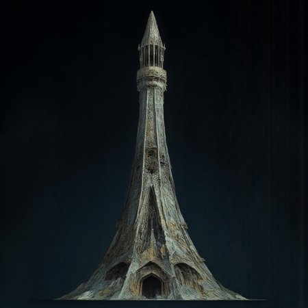 A Medieval Tower with elderscrolls inspired aestetics and legend of zelda
Set against a solid dark black color background to emphasize its unsettling unnatural form that emphasizes its silhouette. The medium is not a traditional painting or illustrative medium like watercolor or ink but rather a digital 3D rendering.
MikeFranchinastyle, d4artstyle, d4concept, , bbstyle,, horror theme,, zbrush, ZBClay model of a gray sculpture, 1990's, 1990's style