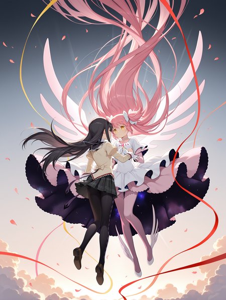 1girl,petite,
akemi homura, ultimate madoka,
2girls, absurdly long hair, black hair, black pantyhose, cloud, dress, facing another, facing away, floating, floating hair, from behind, glowing, gradient background, juliet sleeves, light rays, long hair, long sleeves, looking at another, midair, mitakihara school uniform, multiple girls, pantyhose, pink hair, puffy sleeves, school uniform, skirt, streamers, very long hair, wind, yellow eyes,petals,
face-to-face,holding red ribbon,
,masterpiece,best quality,amazing quality,