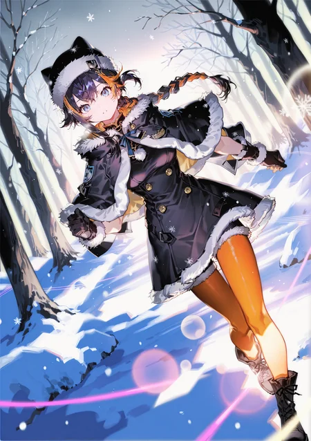 zPDXL3 Real score_9, score_8_up, score_7_up, score_6_up source_anime, highly detailed, sharp, intricate details, rating_safe rating_sensitive, rating_explicit, masterpiece, best quality, good quality, bright eyes light particles lens flare amazing quality, very aesthetic, very awa, absurdres, newest,
<lora:yoneyamaiXLNBVP1lokrV6311PZ:0.5>, <lora:reiXL_ANI31_lokr_V4312:0.5>
<lora:nhl-001:0.4> nhl-001 film grain multicolored background  <lora:ponyv4_noob1_2_adamW:0.4>
medium breasts, dynamic pose, dynamic angle,
optical illusion, ssambatea, quasarcake, Fishine, arutera, soresaki, reoen, sanbonzakura, askzy, negative space, see-through, made of, neon light, detailed background,
long hair braid ponytail
niji-petra,medium breastas,blue eyes,black hair,orange hair,multicolored hair,streaked hair,ornament,
fur-trimmed capelet, fur-trimmed dress, fur-trimmed gloves, fur-trimmed headwear, fur-trimmed jacket, fur-trimmed shorts, outdoors, forest, snowflakes, gray sky, bare tree, snow, tights
 <lora:niji-petra:0.7>