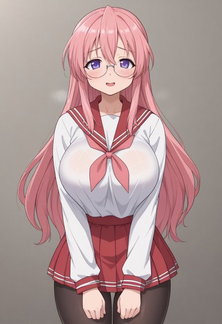 indoor, midnight, Health room, 
8k, super high vision:, intricate details, Super high quality, Super high resolution, masterpiece, full color, 
anime art, animation, 
beautiful breasts, huge breasts, 
super cute girl, super cute face, narrow waist, 
sweat, shiny skin, wet hair, wet body, droplet, 
looking at you sexually, sexually excited state, heterosexual, gonzo, 
smug, open your mouth, sigh, long breath, blush, bitch, 
standing, 
sailor collar, uniform, red skirt, pink neckerchief, mini skirt, black pantyhose, 
tiny hips, hips, thigh, 
miyuki takara, long hair, purple eyes, pink hair, glasses, cowboy shot, cowboy shot, cowboy shot,