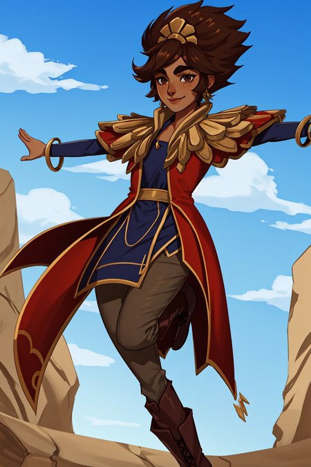taliyah, taliyah default, default taliyah, 1girl, solo, smile, short hair, brown hair, brown eyes, jewelry, boots, alternate costume, pants, dark skin, bracelet, dark-skinned female, brown footwear, outstretched arms, desert, pants, red cape, blue shirt, stone pauldrons, head ornament, 
thick eyebrows, freckles, <lora:taliyah-21:0.6>