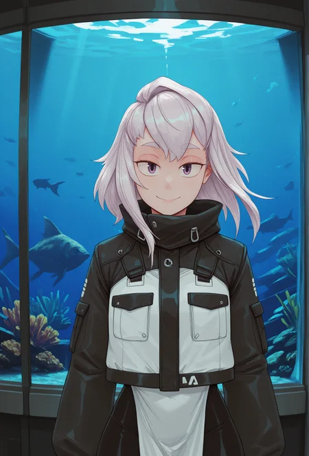 (masterpiece, best quality, very aesthetic, absurdres:1.2), 1girl, science fiction, aquarium, pale skin, white hair, straight-on, jacket, looking at viewer, smile, <lora:tytoalba_style_illustrious_v1:1> talbastyle