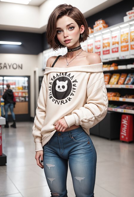 (score_9, score_8_up, score_7_up),closeup, solo, male:2,White American,Pale skin,Brown hair,Slim,25 yr old,Refined, slender physique. pale skin, short brown hair is well-groomed,femboy,
(Wearing an oversized, off-the-shoulder sweater or a cropped hoodie, paired with a skirt over leggings or slim jeans. Their footwear consists of platform boots. Accessories include a choker, silver necklaces, small earrings, and painted nails in soft or dark colors. The overall style is a blend of emo and gender-fluid fashion, showcasing a unique, expressive aesthetic),
in a clothing store, 
closeup, arm out of frame, 
<lora:e10P:0.4>
