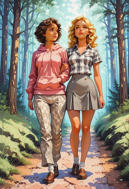 masterpiece, best quality, absurdres, dark lighting, 2women, aged_up, 1blonde, Asian, wearing pink hoodie, messy hair, grey skirt, penny loafers, 1brunette, dark complexion, curly hair, wearing checkered shirt, multicolored, white lowleg pants, (shirt untucked), athletic shoes, BREAK,brown eyes, ((detailed eyes)), slender, small breasts, walking, arm-in-arm, holding another's arm, forest path, tree canopy, dappled light, dim light, dense forest, pine needles, gentle slope, intimate, private, friendship, dynamic angle, dynamic pose, impressionism, abstract, brushstrokes, painting, 