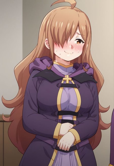 1girl, KiliuP, wiz, ahoge, brown eyes, light brown hair, hair over one eye, long hair,, cross, dress, hood, hood down, jewelry, latin cross, long dress, long sleeves, purple dress, robe, purple robe,
 nervous, nervous smile, blushing, looking to the side, flustered, indoors, bedroom, score_9, score_8_up, score_7_up, score_6_up, score_5_up, score_4_up, BREAK source_anime, masterpiece