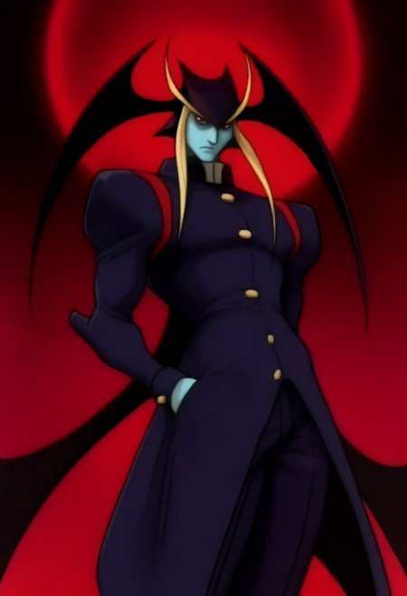 masterpiece, best quality, solo, looking at viewer, 1boy, <lora:Darkstalkers-Ova-illus_Fp:1>, 1990s \(style\), retro artstyle,  <lora:Jedah-illus_Fp:1>, jedahv, blue skin, red eyes, head wings, wings, uniform, pants, long sleeves, sleeve cuffs, red background, hand in pocket, eclipse, cowboy shot, blonde hair, short hair, floating,