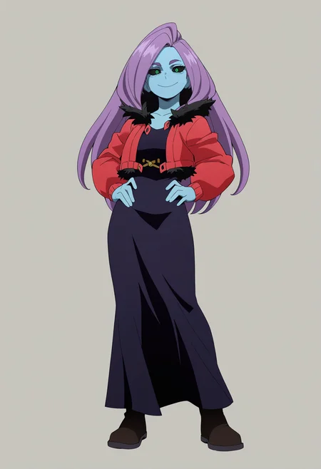 masterpiece, best quality, very aesthetic, absurdres,
1girl, chitosekizuki, colored sclera, green eyes, purple hair, long hair,
colored skin, blue skin,
red cropped jacket, fur trim, black dress, boots, open jacket,
hands on hips, standing, full body, smile, solo, looking at viewer, (simple background, white background:1.3)  <lora:ChitoseKizukiIllustriousXL_byKonan:1>