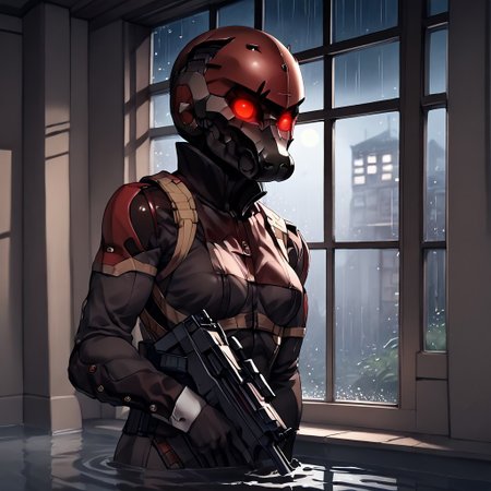 score_9, score_8_up, score_7_up, score_6_up, score_5_up, score_4_up, yoji_shinkawa, night time, detailed background, flooded interior, knee deep in water, window, storm outside window, rain outside window, BREAK
<lora:HavenTrooper:0.9> 1girl, helmet, mask, red eyes, empty eyes, (glowing eyes:0.8), medium breasts, athletic female, P90, submachine gun