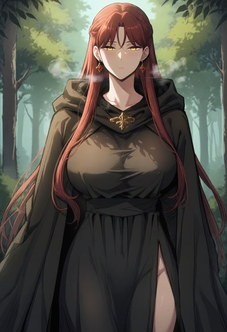 score_9, score_8_up, score_7_up, score_6_up, source_anime, rating_explicit, 1girl, solo, huge breasts, <lora:Leah Testerossa prefectPonyxl:0.9> long hair, red hair, yellow eyes, brown hair, french braid, earrings, hooded cloak, black cloak, black dress, expressionless, Narrow shoulders, heavy breathing, steaming body, forest, outdoors, looking at viewer
