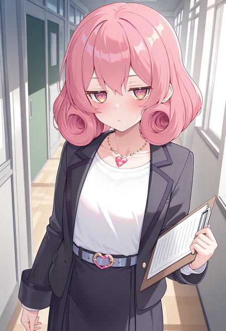 pcrneneka, curly hair, pink hair, pink eyes, black jacket, open jacket, white shirt, jewelry, necklace, collarbone, long sleeves, black skirt, belt, blush, school, indoors, holding clipboard, standing, looking at viewer, jitome, highres, best quality, masterpiece,
1girl, solo,
<lora:_neneka_pcr-elesico-ilxlA:1>