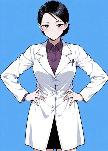 Unholy-aesthetic,masterpiece, best quality, amazing quality, absurdres, 

gyo_yoshiyama, 1girl, solo, black hair, single hair bun, low hair bun, messy hair bun, black eyes, medium breasts,

white coat , lab coat, buttoned coat, long sleeves, purple shirt, collared shirt, black skirt, pencil skirt, white footwear, white high heels,

, emotionless, , standing, hands on the hips, cowboy shot, looking at viewer, standing, blush,simple background, blue background,
