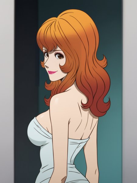 uncensored, score 9 up, score 8 up,
 <lora:[Lupin the 3rd] Fujiko Mine Character PonyXL:1>,fujiko_mine, long hair, lipstick, makeup, brown eyes, , collarbone, anime coloring, pink lips, smile, orange hair, cleavage, bare shoulders, eyelashes, large breasts, 1girl, standing, looking back at viewer,