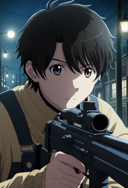 high resolution, solo, best quality, 1Boy, Inaho Kaizuka, Black Hair, Brown Eyes, potrait, midnight, dim street lights, mysterious, threatening, weapon, aiming the weapon to the viewer, OverallDetail