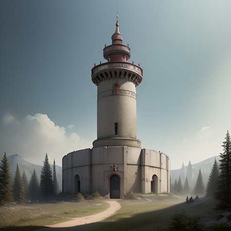 realistic analog photo, award winning photo, vary wide shot of (authoritarian) Cement:1.3 witow (Military watchtower):1.3, fort, building, scenery, dirt path, (on a hilltop), nature, outdoors, RAW, highres, 8k, uhd, High Dynamic Range, tonemapping, crisp details,
