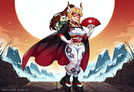 IllustriousQual, <lora:StS-Illustrious-Detail-Slider-v1.0:2> <lora:cfg_scale_boost:0.3> <lora:StS_Age_Slider_Illustrious_v1:3>,detailed_background,outdoors,pointy ears,obi,red gemstone,long hair,floral print,solo,hair between eyes,horns,full body,brown hair,hair flower,ripley ryan,highres,looking at viewer,sleeveless bodysuit,dragon girl,bridal gauntlets,brown eyes,web address,white gloves,gradient kimono,gradient clothes,white bodysuit,two-sided cape,white flower,socks,floating hair,gem,platform footwear,white socks,blonde hair,hand fan,red bodysuit,red cape,mask,ponytail,hand on own hip,1girl,in-hyuk lee,kimono,animal on shoulder,animal,black shawl,smile,red mask,sidelocks,new year,two-sided fabric,hair ornament,black footwear,domino mask,cape,flower