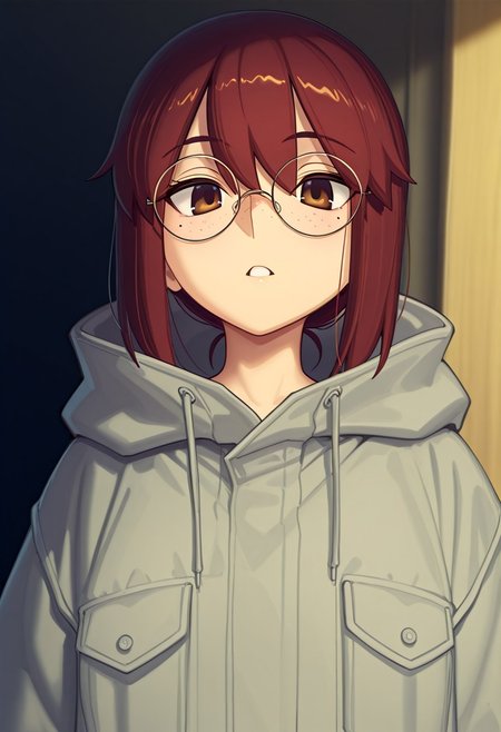 boa, highres, official_art, parted lips, looking at viewer, round eyewear, detailed face, freckles, red hair, brown hair, hair between eyes, mole under eye, oversized jacket, shiny clothes