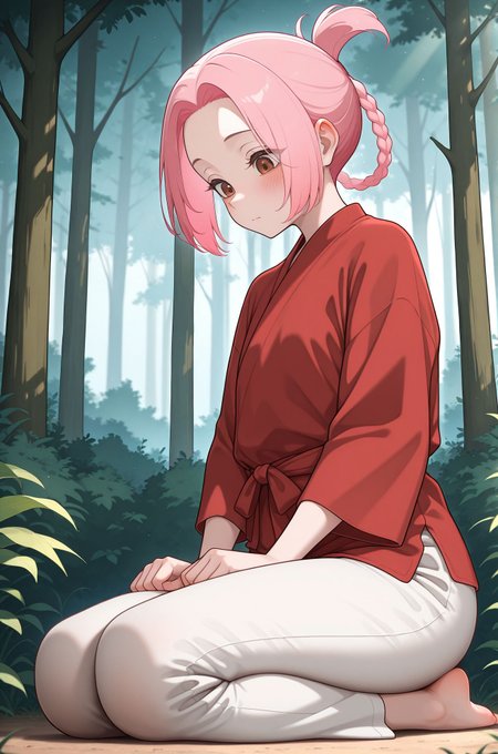 masterpiece,best quality,amazing quality,very aesthetic,absurdres,newest, huge filesize,
<lora:spo_sdxl_10ep_4k-data_lora_webui:0.5>,
<lora:add-detail-xl:1>
Japan medieval ,  outdoors, forest, 
<lora:jigokuraku_V1:1>j_V1,
1girl,solo,pink hair,
sitting,seiza,
barefoot,braid,
closed mouth,red shirt,
white pants,full body,
pants,looking down,
hair rings,
brown eyes,
long sleeves,j_mei,